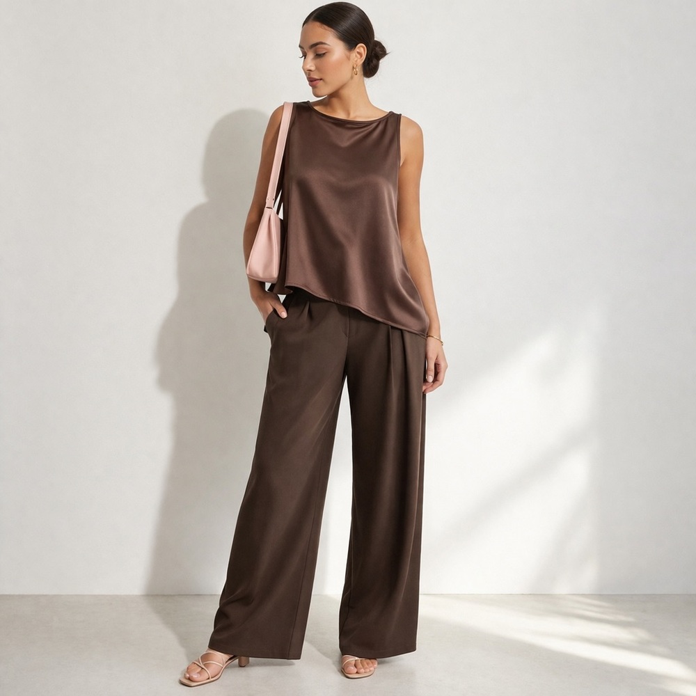 Vintage 100% Silk Chocolate Brown Sleeveless Blouse Minimalist Oversized Top 20